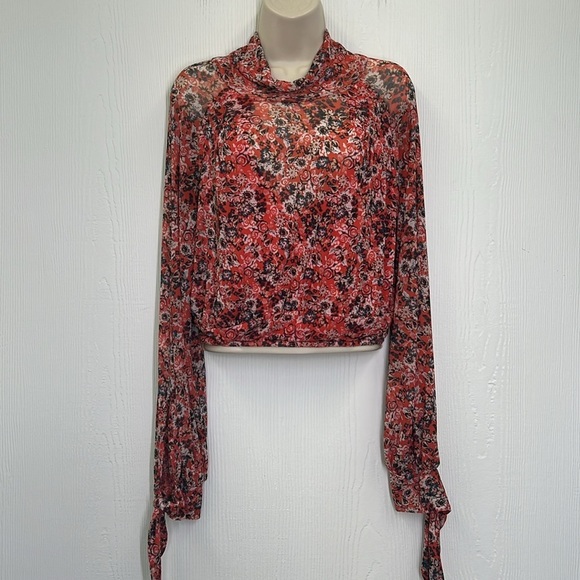 Free People - All Dolled Up Red Floral Print Mesh Long Sleeve  Top Size … - Picture 4 of 15